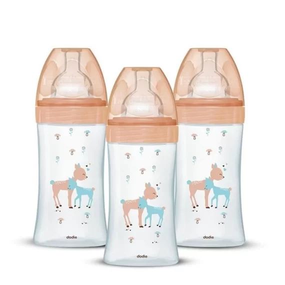 Lot de 3 Biberons DODIE Anti-Colique Sensation+ – Verre – 270ml – 0-6 Mois – Tétine plate – Débit 2 beige