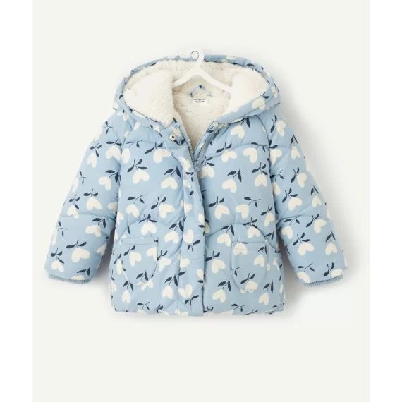Doudoune bébé fille en rembourrage recyclé bleu imprimé coeurs