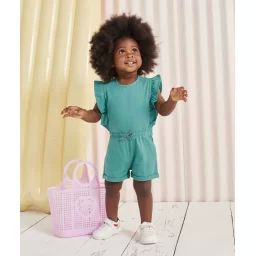 Combi-short bébé fille turquoise en coton avec volants –  – Soldes