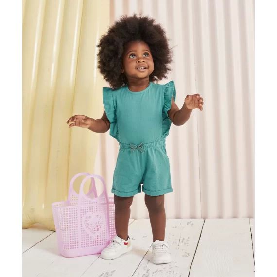 Combi-short bébé fille turquoise en coton avec volants –  – Soldes