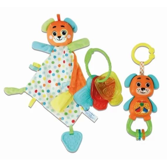 Clementoni – Coffret de naissance Ourson – Doudou + hochet + clés en plastique souple à mordiller blanc
