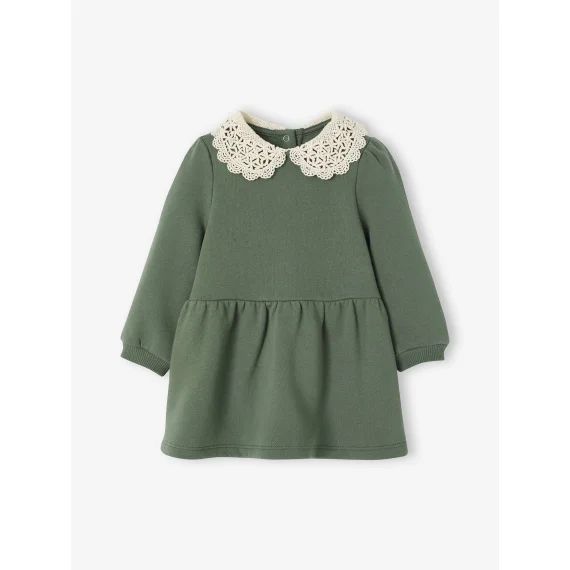 Robe bébé en molleton avec col en crochet vert