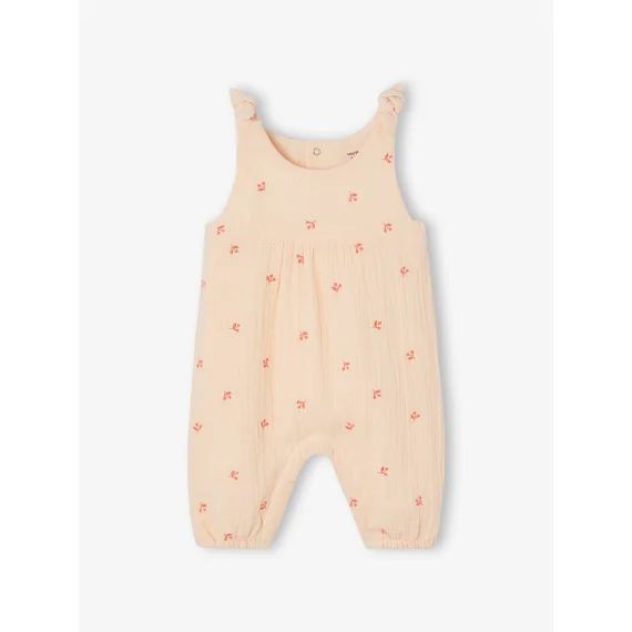 Combinaison bébé naissance brodée en gaze de coton rose pâle