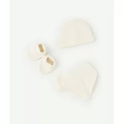 Set écru bébé bonnet chaussons et bavoir matière ajourée