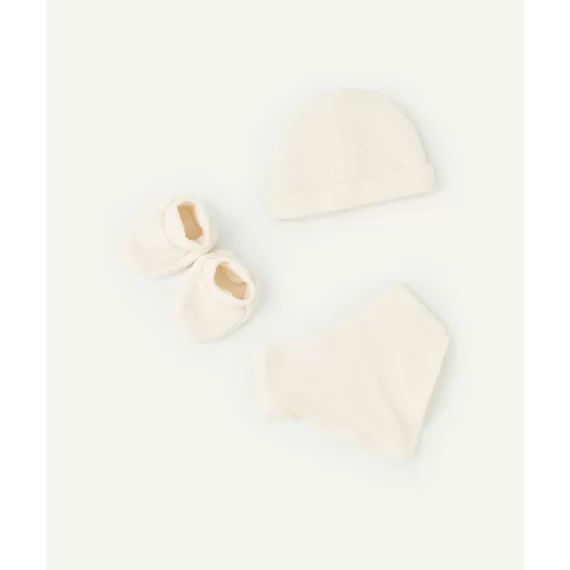 Set écru bébé bonnet chaussons et bavoir matière ajourée
