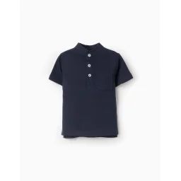 Polo En Coton À Col Mao Bleu Foncé