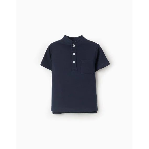 Polo En Coton À Col Mao Bleu Foncé
