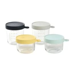 BÉABA Coffret 4 portions verre, pots de conversation (150ml yellow / 150ml light blue / 250ml dark blue / 250ml light mist) blanc
