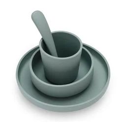 Coffret De Table Bébé Silicone Vert Cendré (4pcs) – Set Vaisselle – Assiette Verre Couverts Vert