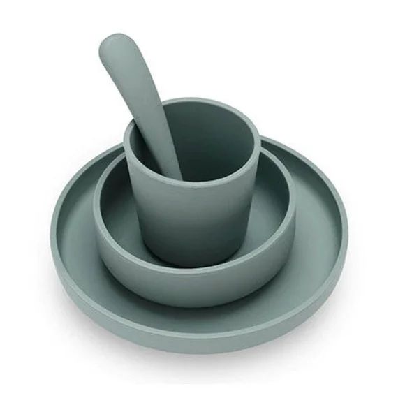Coffret De Table Bébé Silicone Vert Cendré (4pcs) – Set Vaisselle – Assiette Verre Couverts Vert