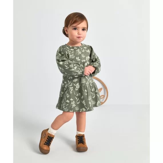 Robe bébé fille en coton imprimée floral blanc et vert –  – Soldes