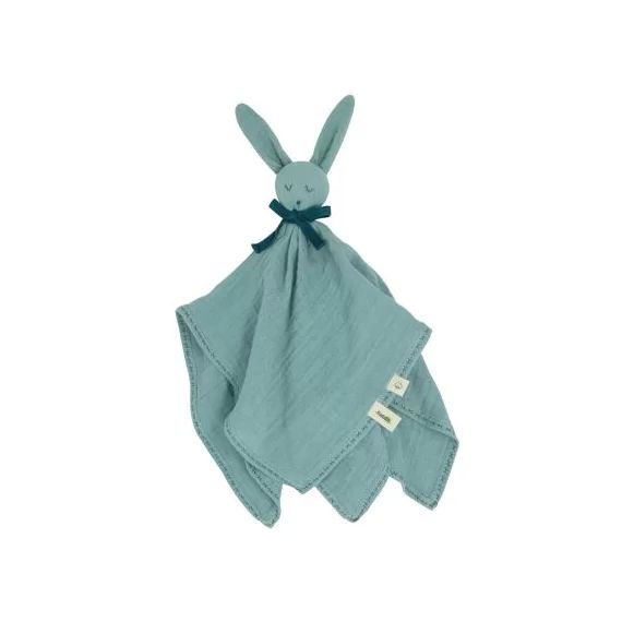 Doudou plat en coton bio Lapin bleu-vert