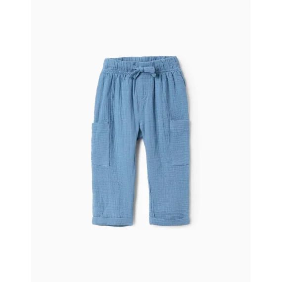 Pantalon En Mousseline De Coton Bleu