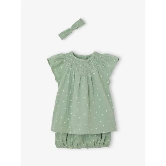 Ensemble en gaze de coton : robe + bloomer + bandeau bébé vert sauge