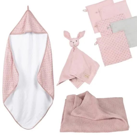 ROBA Coffret Bébé Lil Planet : Serviette et 5 Gants de bain + Doudou + Couverture – Rose rose