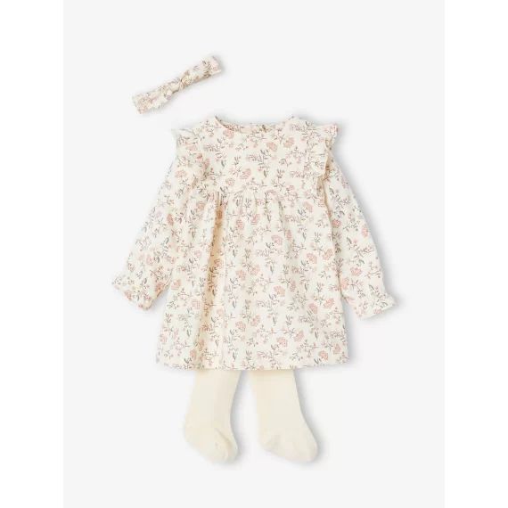 Ensemble 3 pièces bébé robe, collants et son bandeau assorti écru