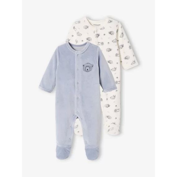 Lot de 2 dors-bien ours bébé garçon en velours lot bleu