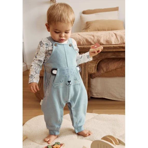 Ensemble Salopette Bébé En Molleton Et T-shirt Félintrépide Bleu