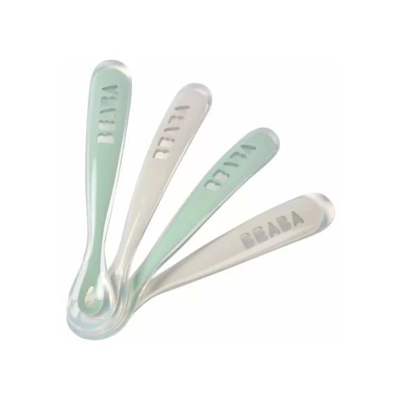 Lot de 4 cuillères 1er âge en silicone gris et vert sauge