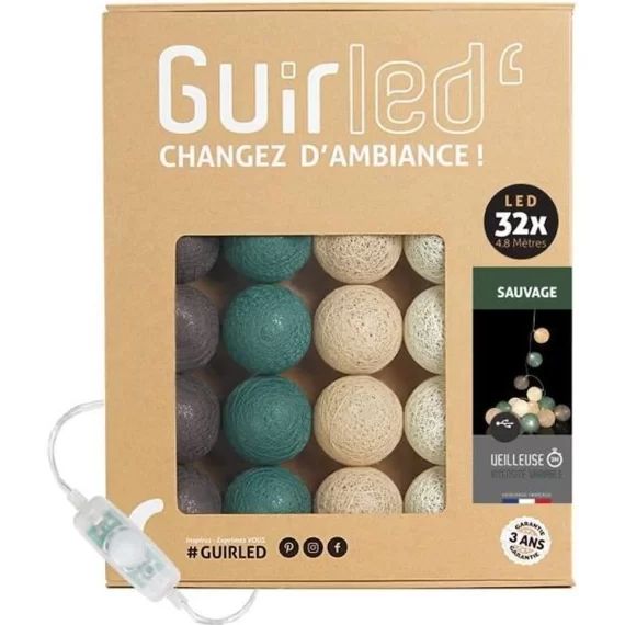 Guirlande lumineuse boules coton LED USB – Veilleuse bébé 2h –  3 intensités – 32 boules 3,2m – Sauvage marron
