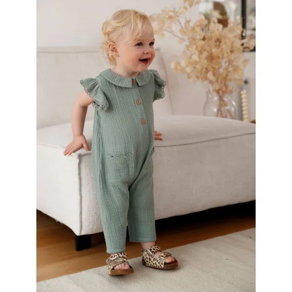 Combinaison bébé en gaze de coton vert sauge