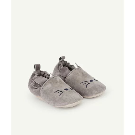 Chaussons en cuir bébé garçon gris avec motif chat –  – Soldes