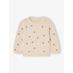 Pull brodé fleurs bébé beige poudré