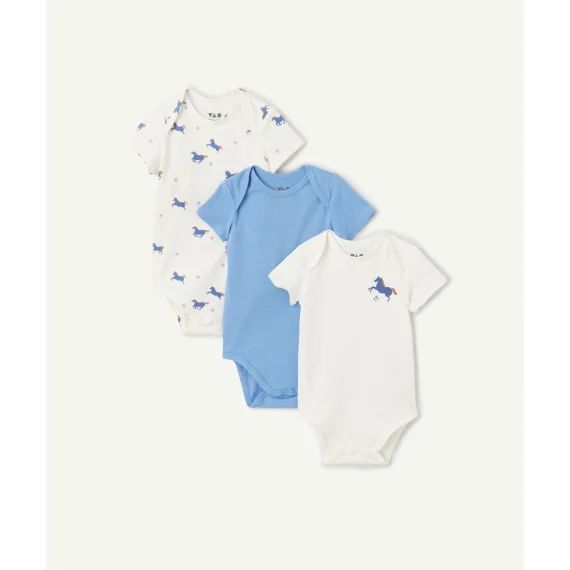 Lot de 3 bodies bébé en coton bio bleu et blanc thème chevaux