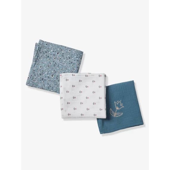 Lot de 3 langes en gaze de coton INDIA lot bleu