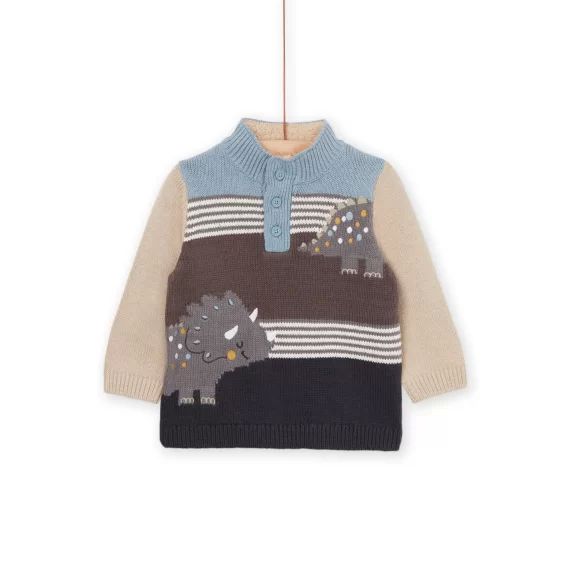 Pull En Tricot Avec Animation Jacquard Et Dinosaure – Gris