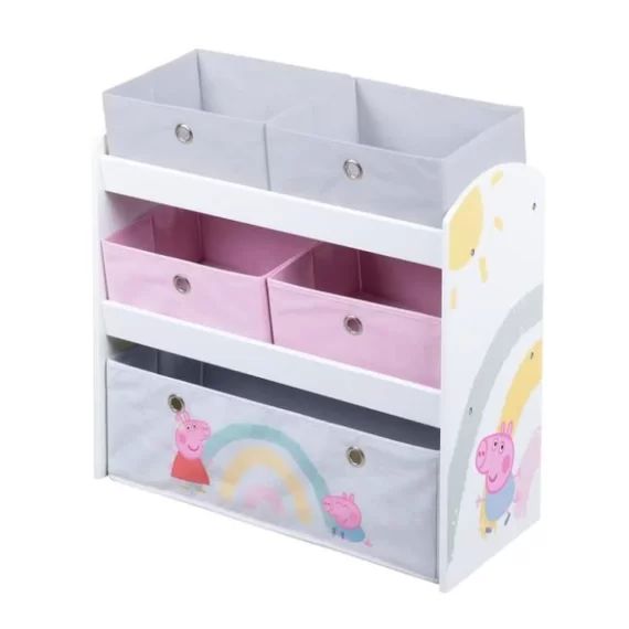 ROBA Peppa Pig Étagère de Rangement pour Jouets – 5 Boîtes en Tissu – Motif de la Truie et Cochon – Bois Laqué Rose – Blanc rose