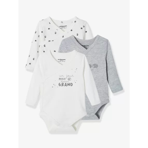 Lot de 3 bodies manches longues en coton bio ouverture naissance ivoire