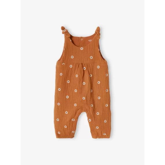 Combinaison bébé naissance brodée en gaze de coton cacao