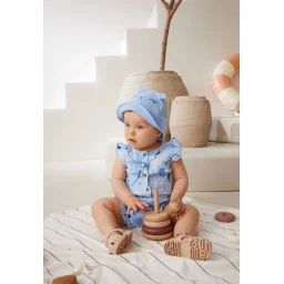 Combishort Bébé + Chapeau En Gaze De Coton Bleue Bella Chica Bleu