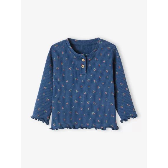 T-shirt en maille côtelée bébé manches longues marine imprimé