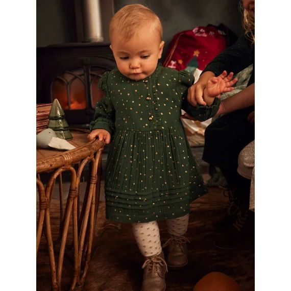 Robe en gaze de coton bébé ouverture décalée vert foncé imprimé