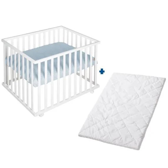 ROBA Parc Bébé carré roba Style + tapis de parc bleu clair + matelas Blanc blanc