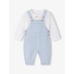 Ensemble cérémonie chemise et salopette naissance en lin et coton bleu