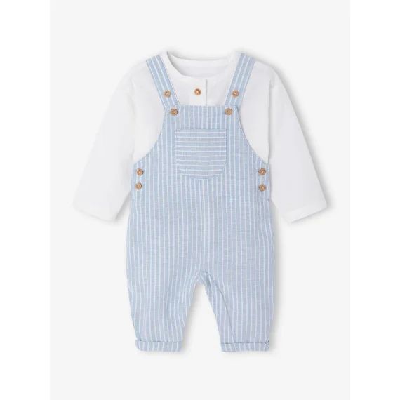 Ensemble cérémonie chemise et salopette naissance en lin et coton bleu