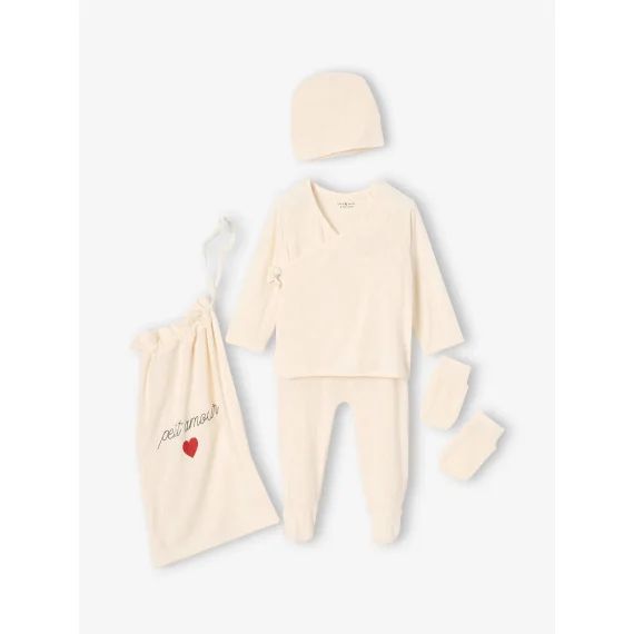 Kit naissance 5 pièces personnalisable : brassière + pantalon + bonnet + gants + pochon ENVIE DE FRAISE écru