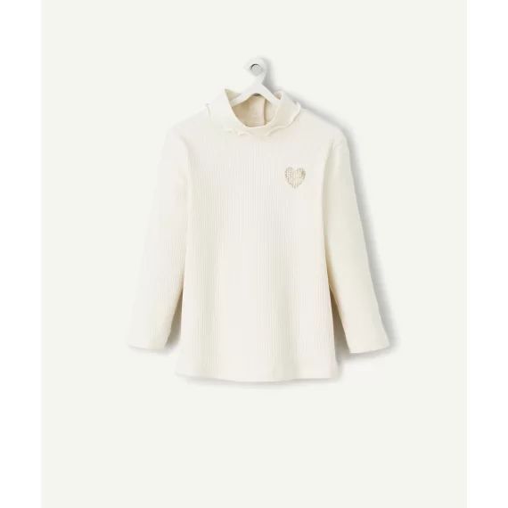 Sous-pull côtelé bébé fille écru avec patch coeur à paillettes