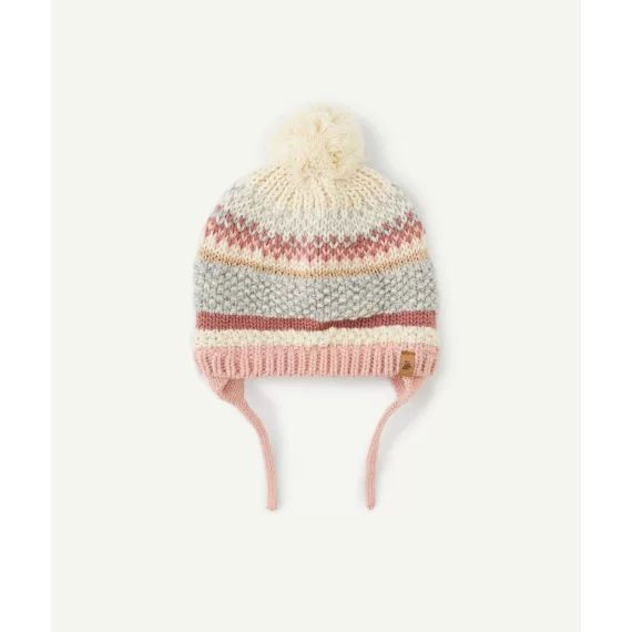 Bonnet tricot bébé fille en fibres recyclées aux détails roses avec pompon