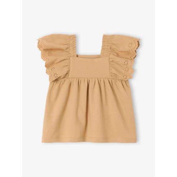 T-shirt encolure carrée en broderie anglaise bébé cappuccino
