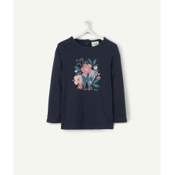 Le t-shirt bleu en coton biologique avec animation fleurs –  – Soldes