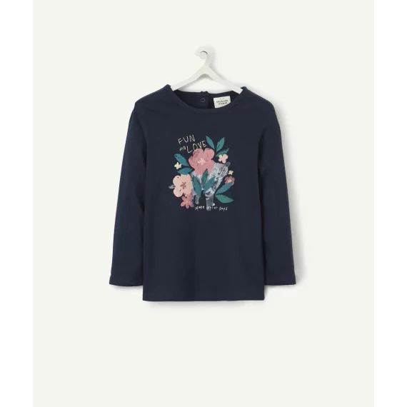Le t-shirt bleu en coton biologique avec animation fleurs –  – Soldes