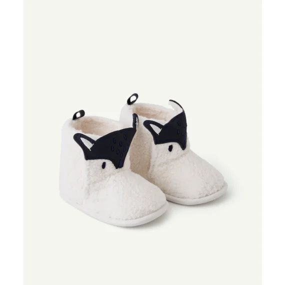 Chaussons montants bébé garçon en sherpa écru au motif renard