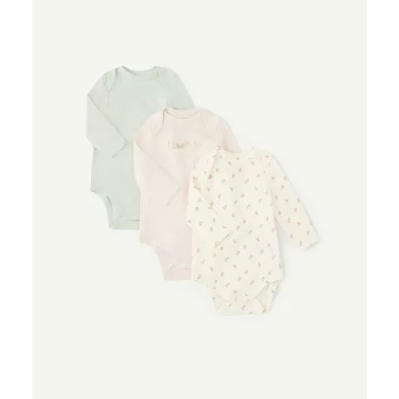 Lot de 3 bodies en coton biologique vert et rose –  – Soldes