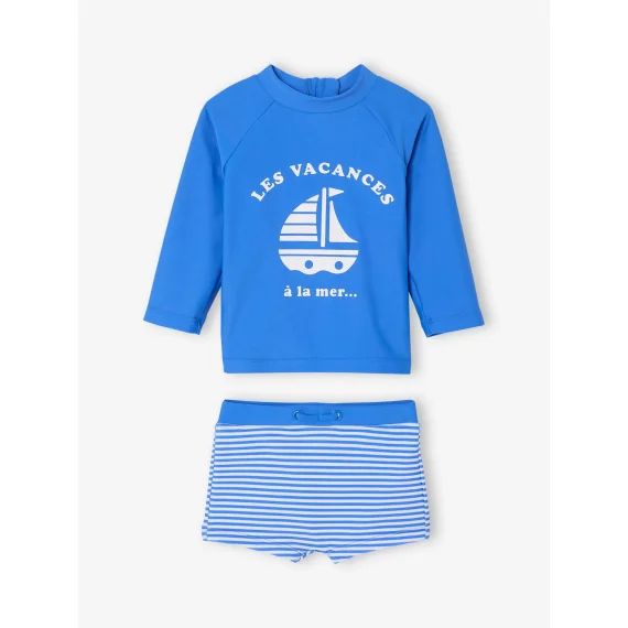 Ensemble de bain bébé T-shirt anti-UV + shorty bleu/rayé bleu et blanc