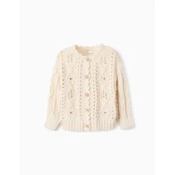 Gilet En Maille Épaisse Avec Broderies De Fleurs Écru