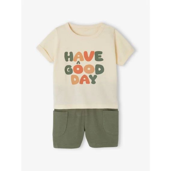 Ensemble T-shirt imprimé + short baggy bébé kaki
